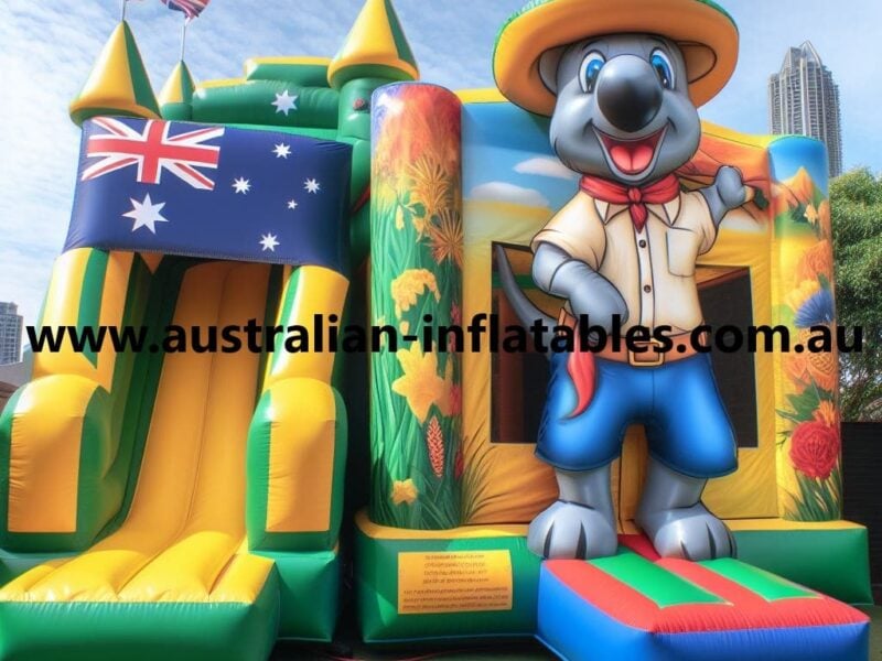 Aussie Explorer’s Bounce Fort commercial jumping castle for sale featuring kangaroo mascot