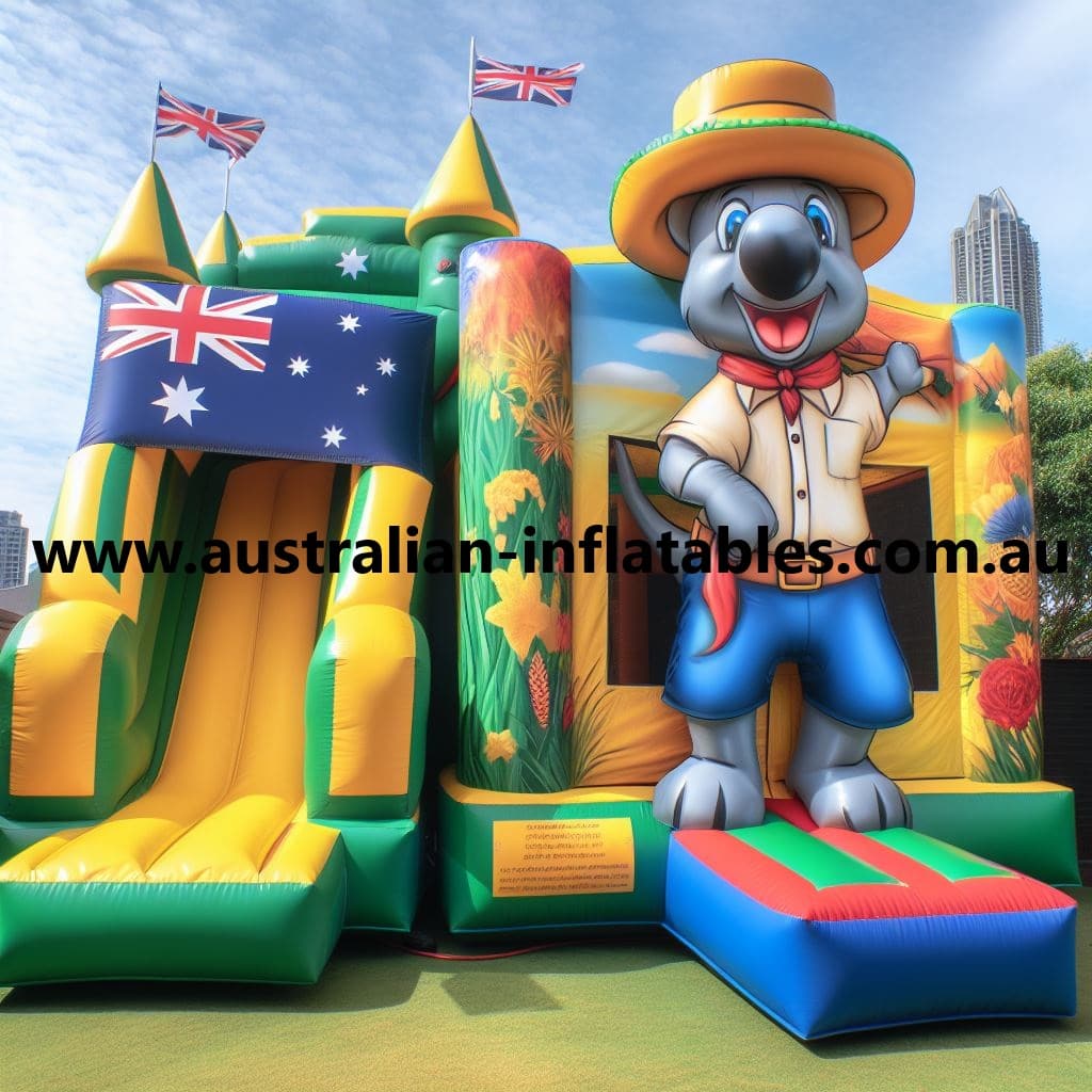 Aussie-Explorers-Bounce-Fort-wm.jpg Aussie Explorer’s Bounce Fort commercial jumping castle for sale featuring kangaroo mascot