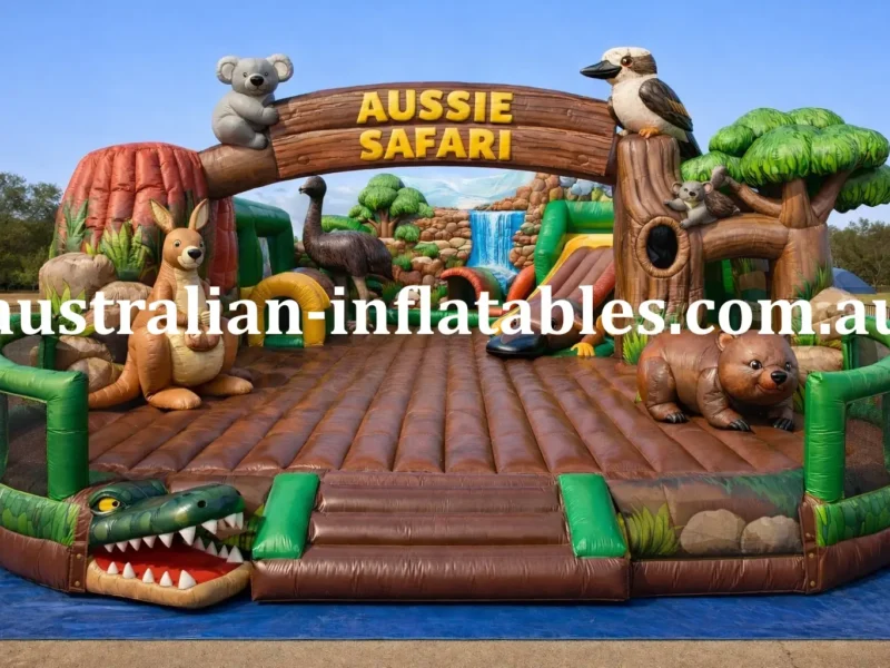 Large Australian-themed inflatable bounce arena with a safari entrance arch