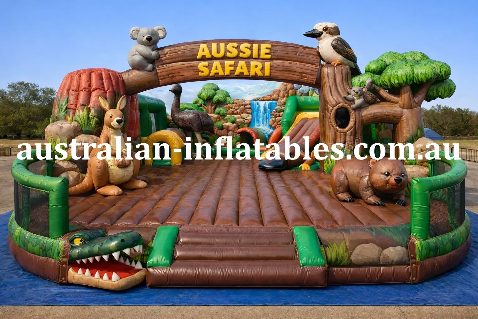 Aussie-Safari-Mega-Bounce-Arena.webp Large Australian-themed inflatable bounce arena with a safari entrance arch