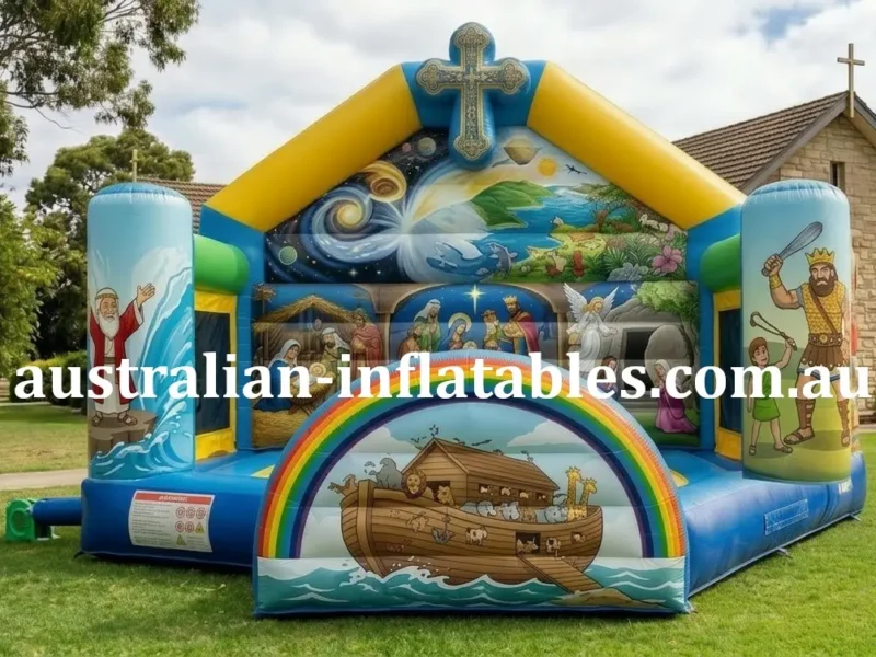 ible Stories Commercial Jumping Castle with Noah's Ark artwork and cross roof line