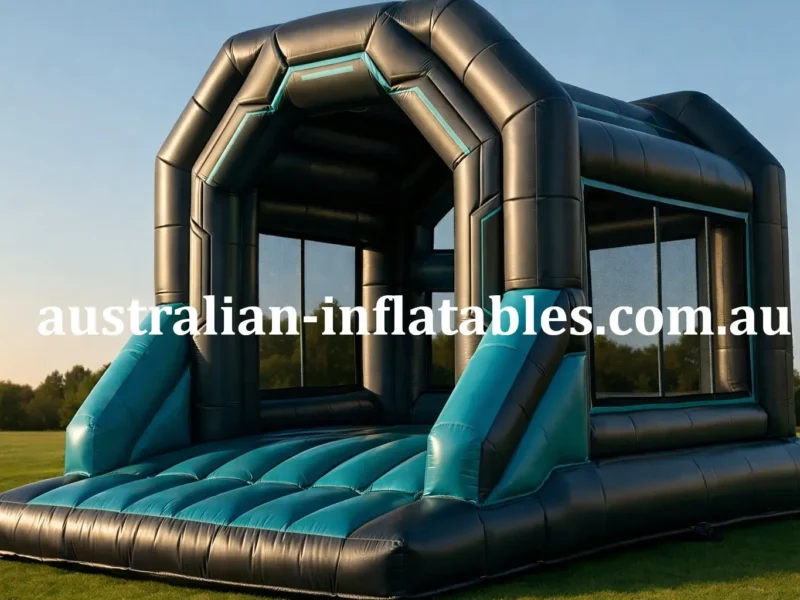 Futuristic black and teal inflatable Cyber-Bouncer jumping castle with arched entrance