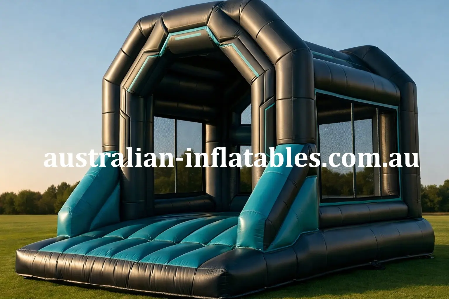Futuristic black and teal inflatable Cyber-Bouncer jumping castle with arched entrance