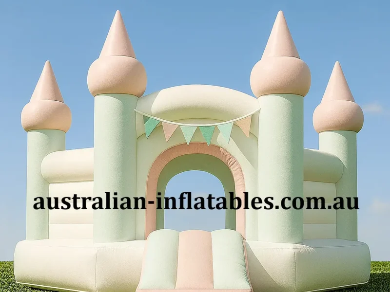 Pastel mint and peach inflatable jumping castle with castle turrets