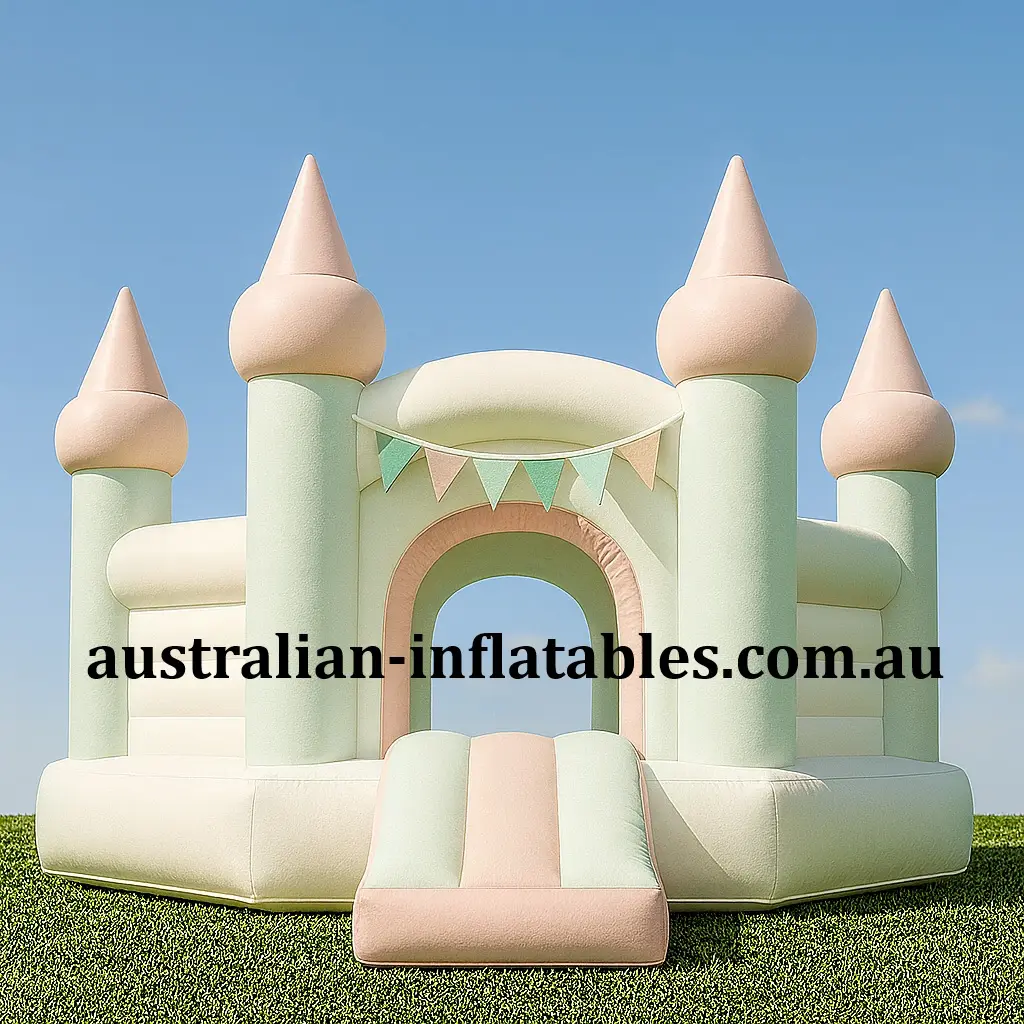 Pastel mint and peach inflatable jumping castle with castle turrets